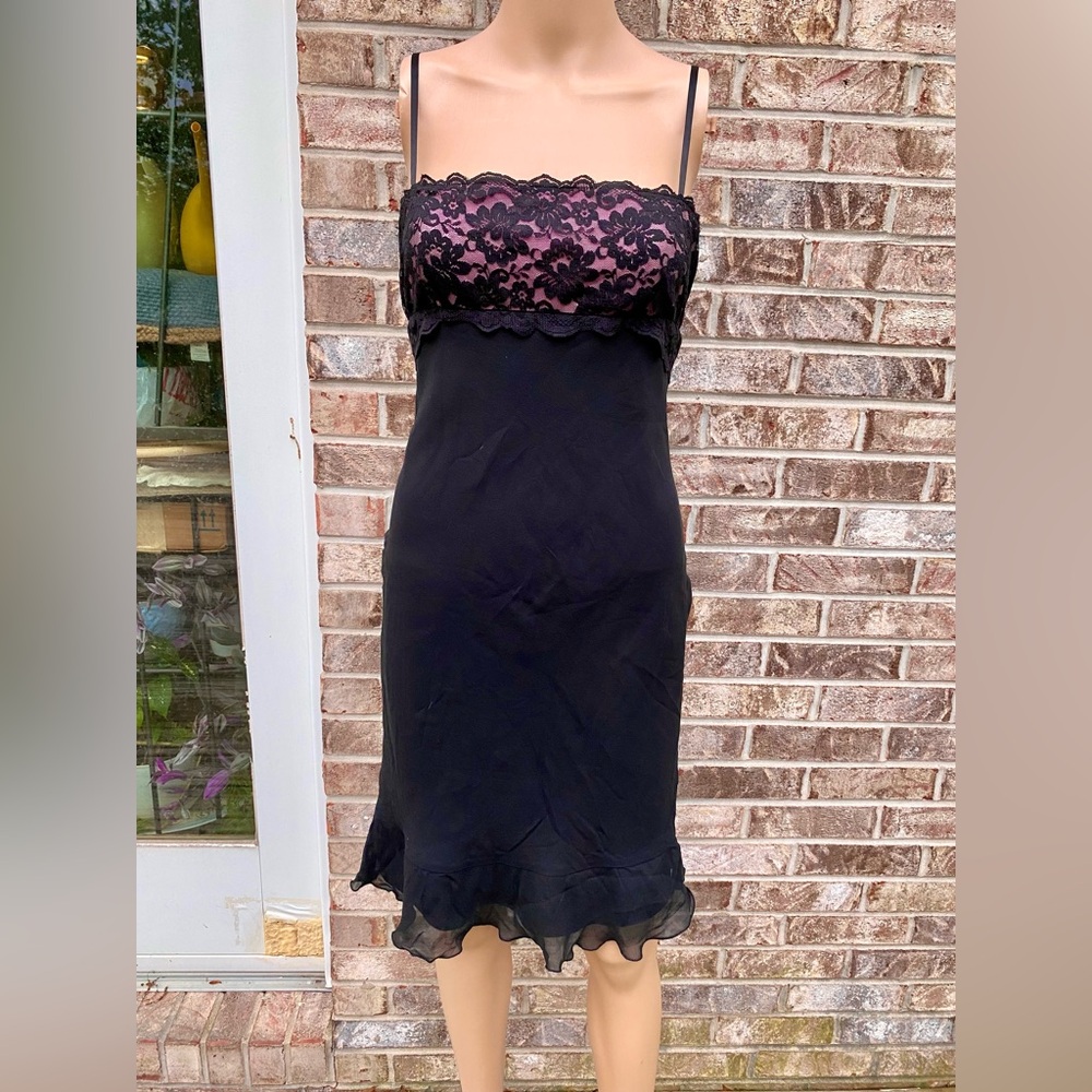 100% Silk 00s Express Black Lace & Pink Cocktail Dress - Picture 8 of 14